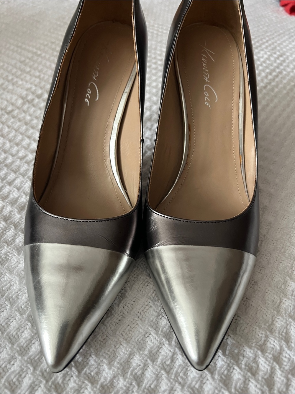 Kenneth Cole Two-Tone Pointed Toe Pumps in Metallic Silver and Dark Brown